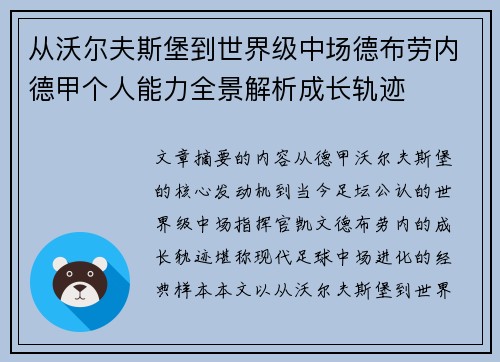 从沃尔夫斯堡到世界级中场德布劳内德甲个人能力全景解析成长轨迹