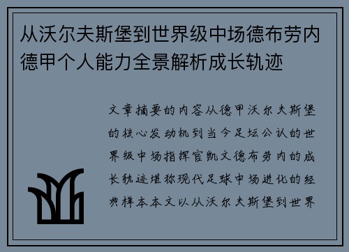 从沃尔夫斯堡到世界级中场德布劳内德甲个人能力全景解析成长轨迹